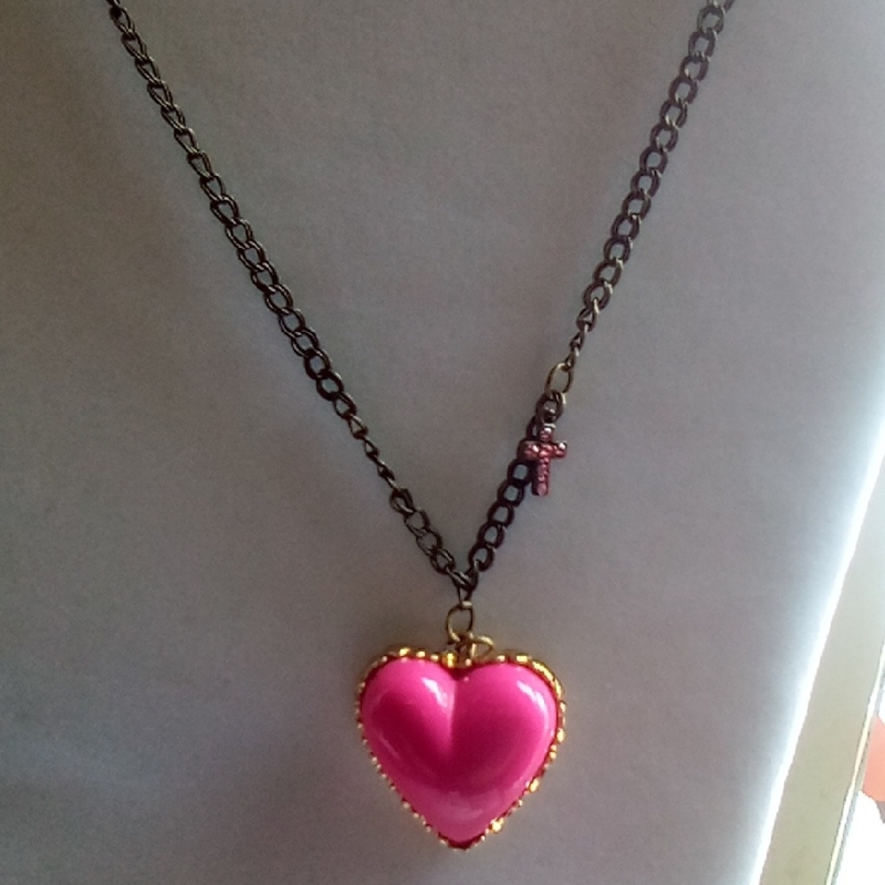 Betsey Johnson Pink Heart Necklace with Gold Accents